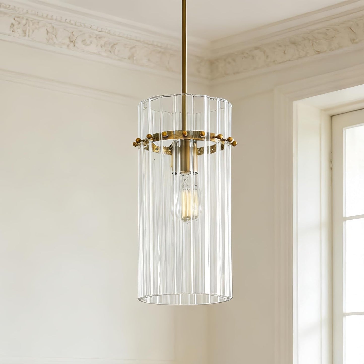 Crystal Fluted Finial Pendant Light with Tumbled Brass Finish, Crystal, Finial Details, Fluted Effect, Tumbled Brass Finish, 6.5" L x 6.5" W x 15" H