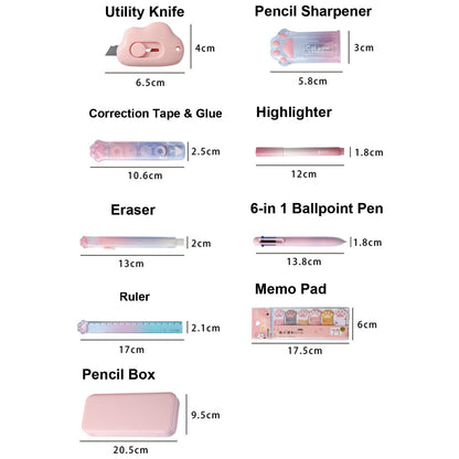 MOZXIRZ 9 Pcs Cute Pink Stationery Set Cat Paw School Supplies Kawaii Office Supplies Including Pens Pencil Sharpener Highlighter Eraser Correction Tape Ruler Utility Knife (Cat Paw-Pink)