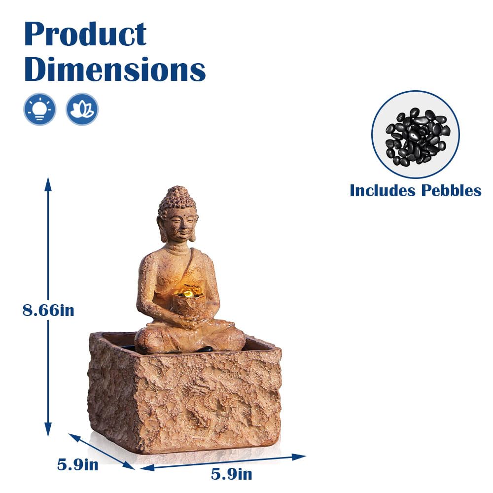 Indoor Tabletop Fountain, Zen Buddha Statue with LED Light Waterfall Fountain, ON/Off Switch with Pebbles, Modern Desktop Water Feature, Meditation Relaxation Decor for Home Office (Buddha Brown)