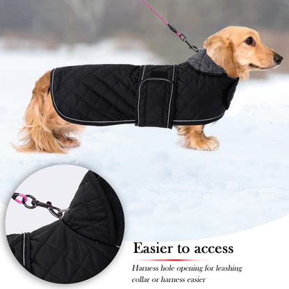 Warm Thermal Quilted Dachshund Coat, Dog Winter Coat with Warm Fleece Lining, Outdoor Dog Apparel with Adjustable Bands-Black-S