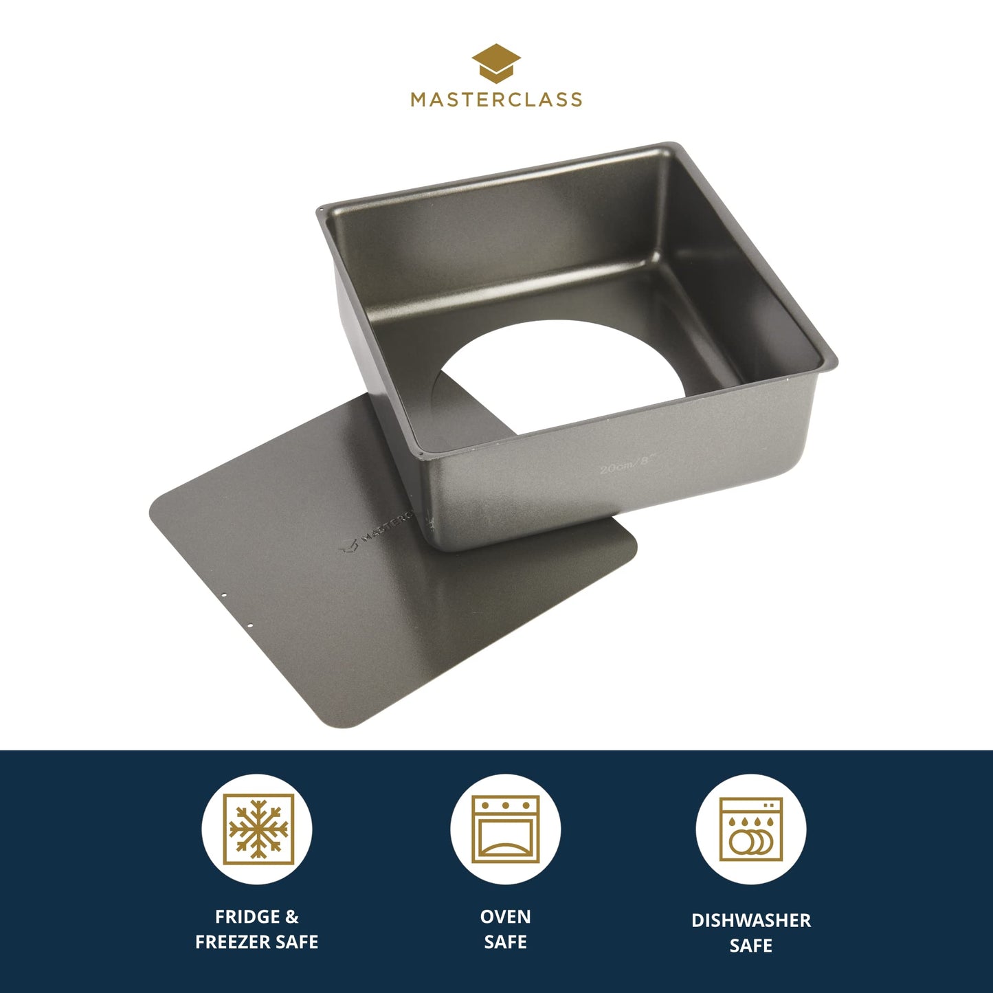 MasterClass Baking Tray, Cake Tin Loose Bottom Pan with PTFE, PFOA and BPA Free Non Stick, Deep Cake Tin, Carbon Steel, Square, 2cm (8")