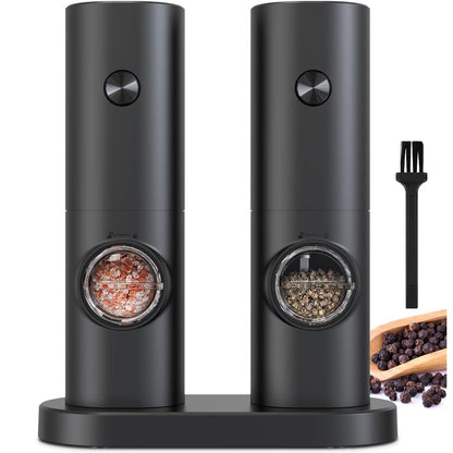 COKUNST Electric Pepper and Salt Grinder Set, Battery Powered Adjustable 5 Levels of Coarseness Black Pepper Mills with Stand, Automatic Grinding with LED Light for BBQ Resturant Kitchen
