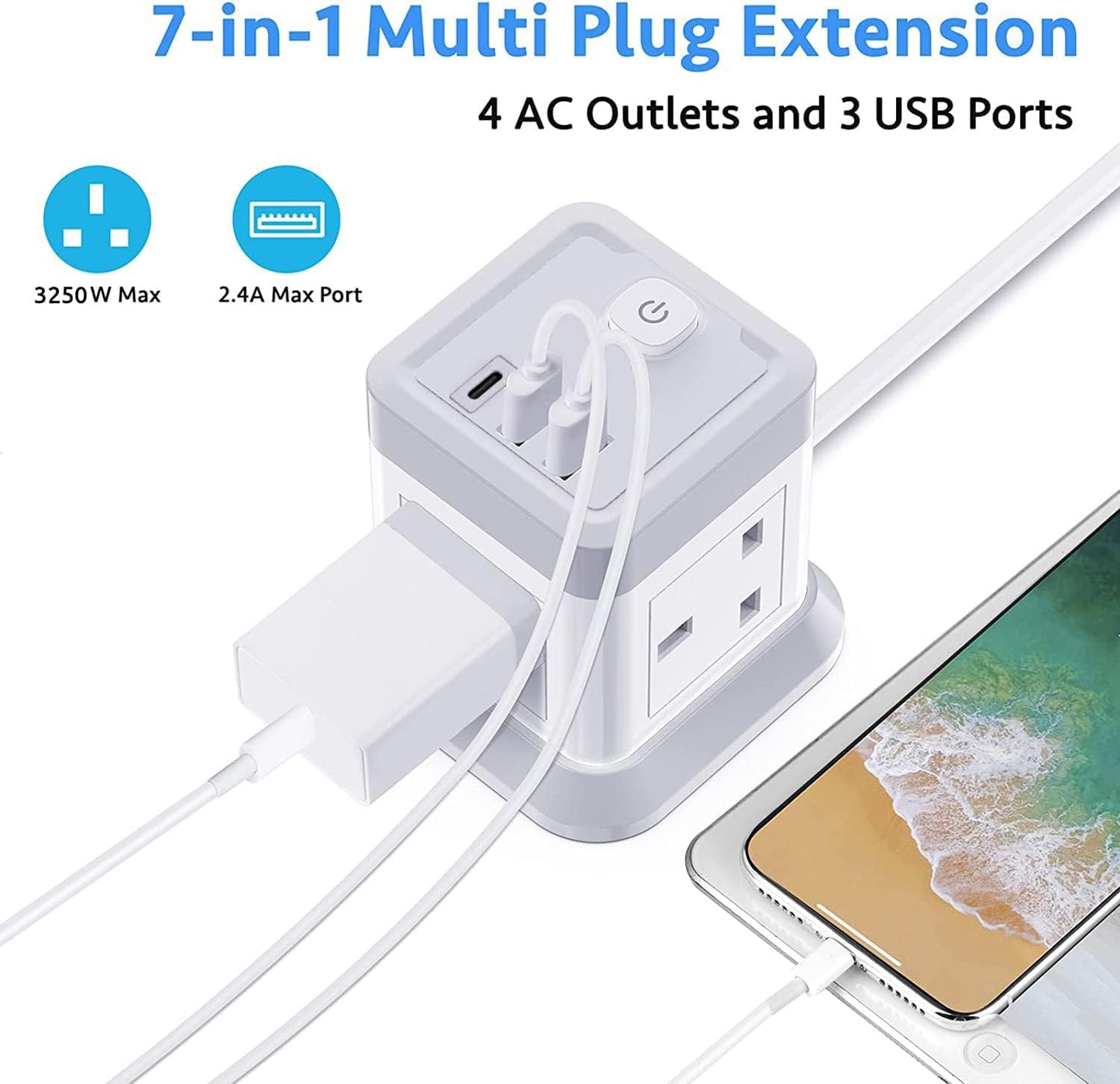 Extension Lead Cube with USB, BEVA 4 Way Power Strip with 3 USB Ports, Desktop Power Extension Socket with 1.5M Extension Cable Cords for Home Dorm Office Travel-WHITE