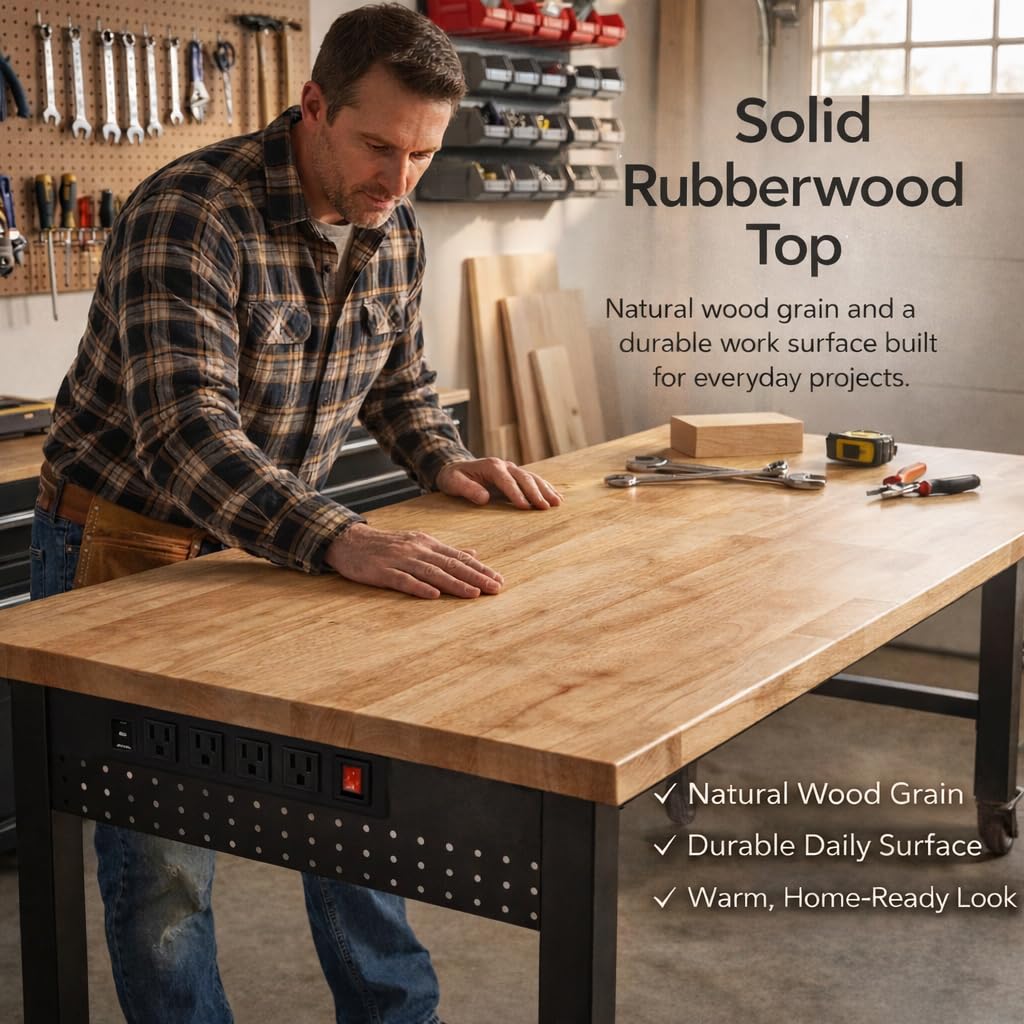 VUWIF 48" Workbench with Wheels, Adjustable Height Work Bench with Rubberwood Top, Built-in Power Outlet with 4 AC Outlets and 2 USB Ports, 2000 LBS Capacity for Garage, Workshop and Home