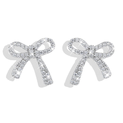 Silver Bow Earrings for Women Trendy Sparkly Rhinestone Chain Tassel Earrings Cute Ribbon Stud Earring Daily Party Jewerly Gifts Christmas Stocking Stuffers