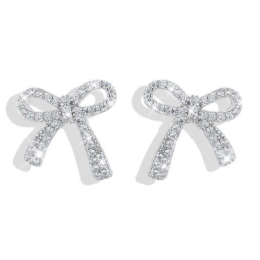 Silver Bow Earrings for Women Trendy Sparkly Rhinestone Chain Tassel Earrings Cute Ribbon Stud Earring Daily Party Jewerly Gifts Christmas Stocking Stuffers