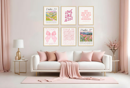 Pink Christian Posters Wall Art Set of 6 Bible Verse Canvas Wall Decor Religious Pictures Prints Scripture Bundle Bow Artwork Girls Room Trendy Preppy Painting Home Decoration 8x10 Inch Unframed