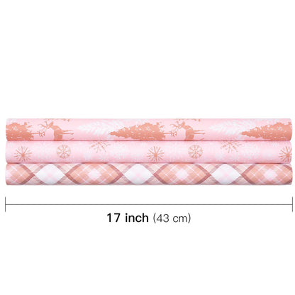 RUSPEPA Pink Christmas Wrapping Paper Set, Mini Roll, Gold Foil Winter Wonderland Design with Reindeer, Snowflake, Plaid Patterns Perfect for Holiday Gifts, 3 Rolls, 17 inches x 10 feet per Roll