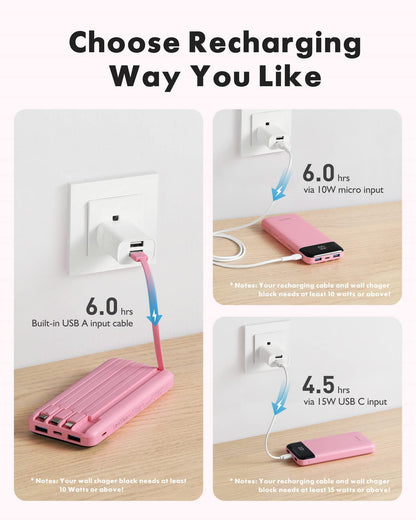 charmast Portable Charger with Built in Cables, Power Bank with Cords Wires, Slim 10000mAh Travel Battery Pack 6 Outputs 3 Inputs 3A Fast Charging for Samsung Google Pixel LG Moto iPhone iPad