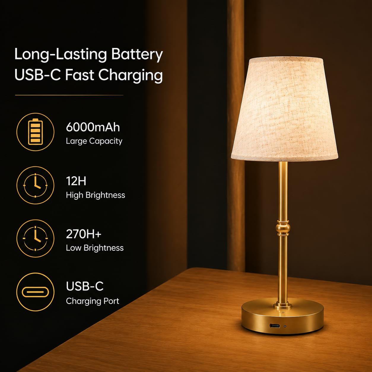 FAPEMIH Cordless Rechargeable LED Table Lamp, 6000mAh Battery, Soft Warm Light, Dimmable & Touch Control, Bedside & Dining Night Light, Portable Cozy Ambient Lamp，Gold