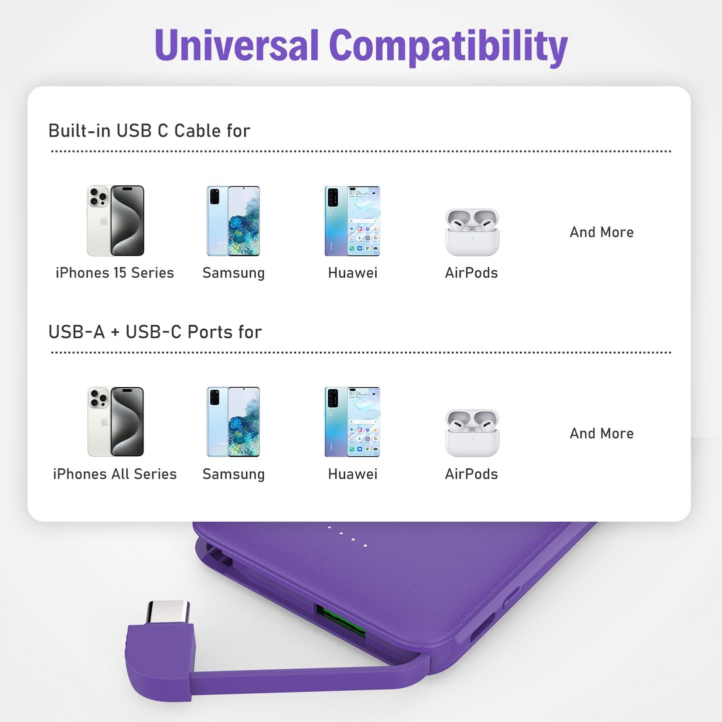 Slim Portable Charger with Built in USB C Cable,20W Fast Charging Power Bank,Small Mini Lightweight Phone Battery Pack 6000mAh,Ultra Thin Travel Essentials for iPhone 17 16 15 Series,Samsung,Android