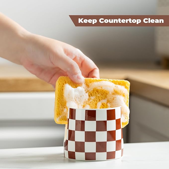 Checkered Sponge Holder for Kitchen Sink, Ceramic Dish Sponge Drying Caddy