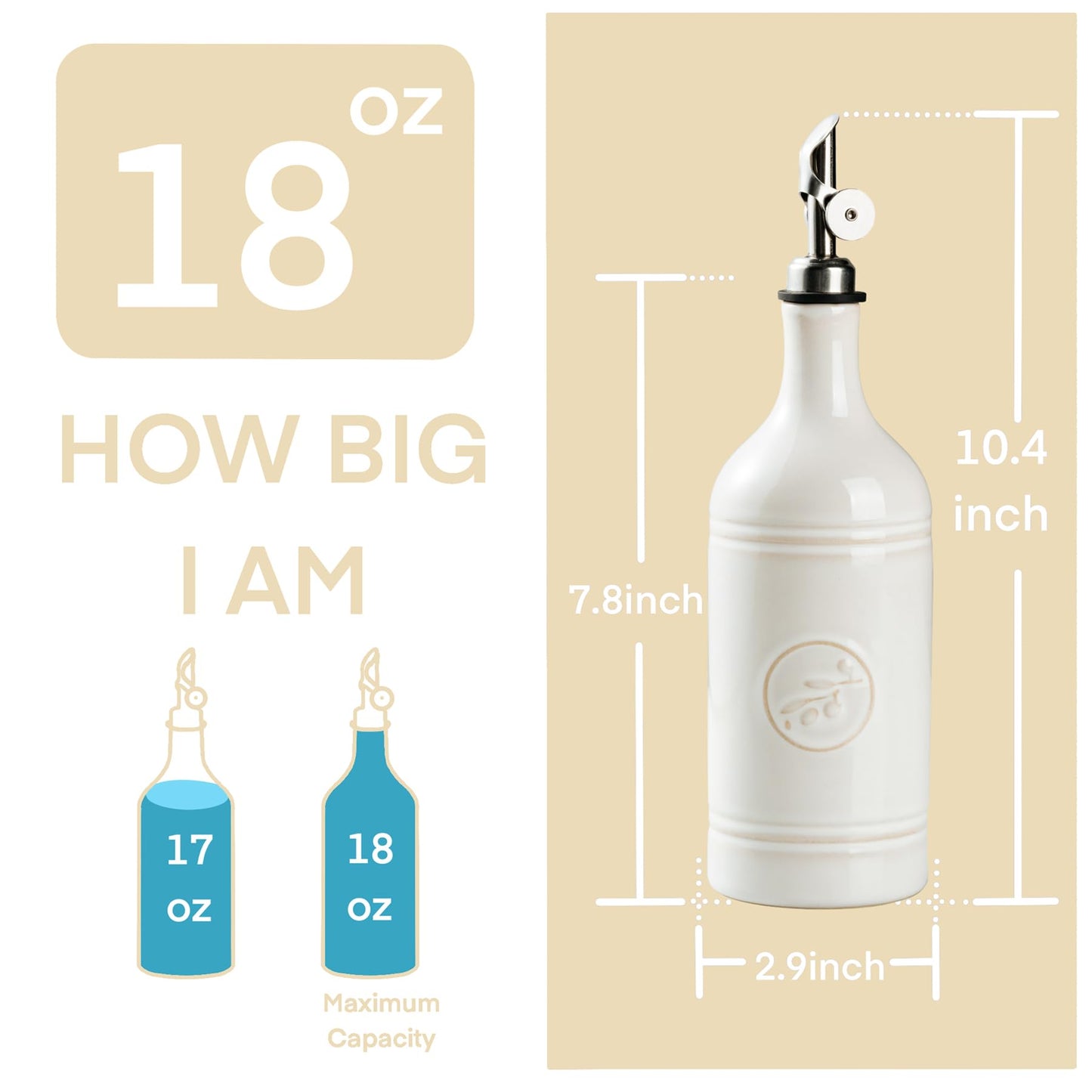 MIKIGEY Olive Oil Dispenser Bottle with Spout, 18 oz Ceramic Oil Dispensers for Kitchen, Opaque Cruet, EVOO & Vinegar Bottle with Automatic Stainless Steel Pourer, Pack of 1