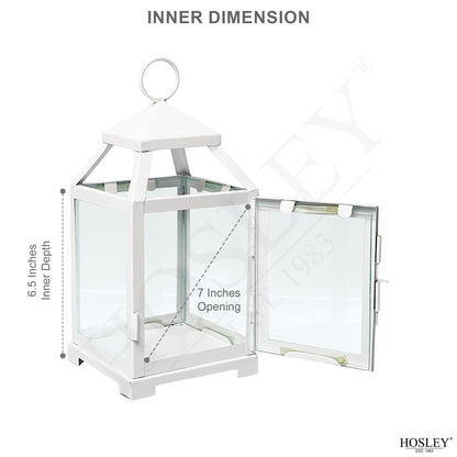 Hosley Set of 2 Clear Glass and Iron White Color Farmhouse Classic Style Lantern 12 Inch High Ideal Gift for Weddings Bridals Special Occasions Parties Aromatherapy and Spa Settings O4