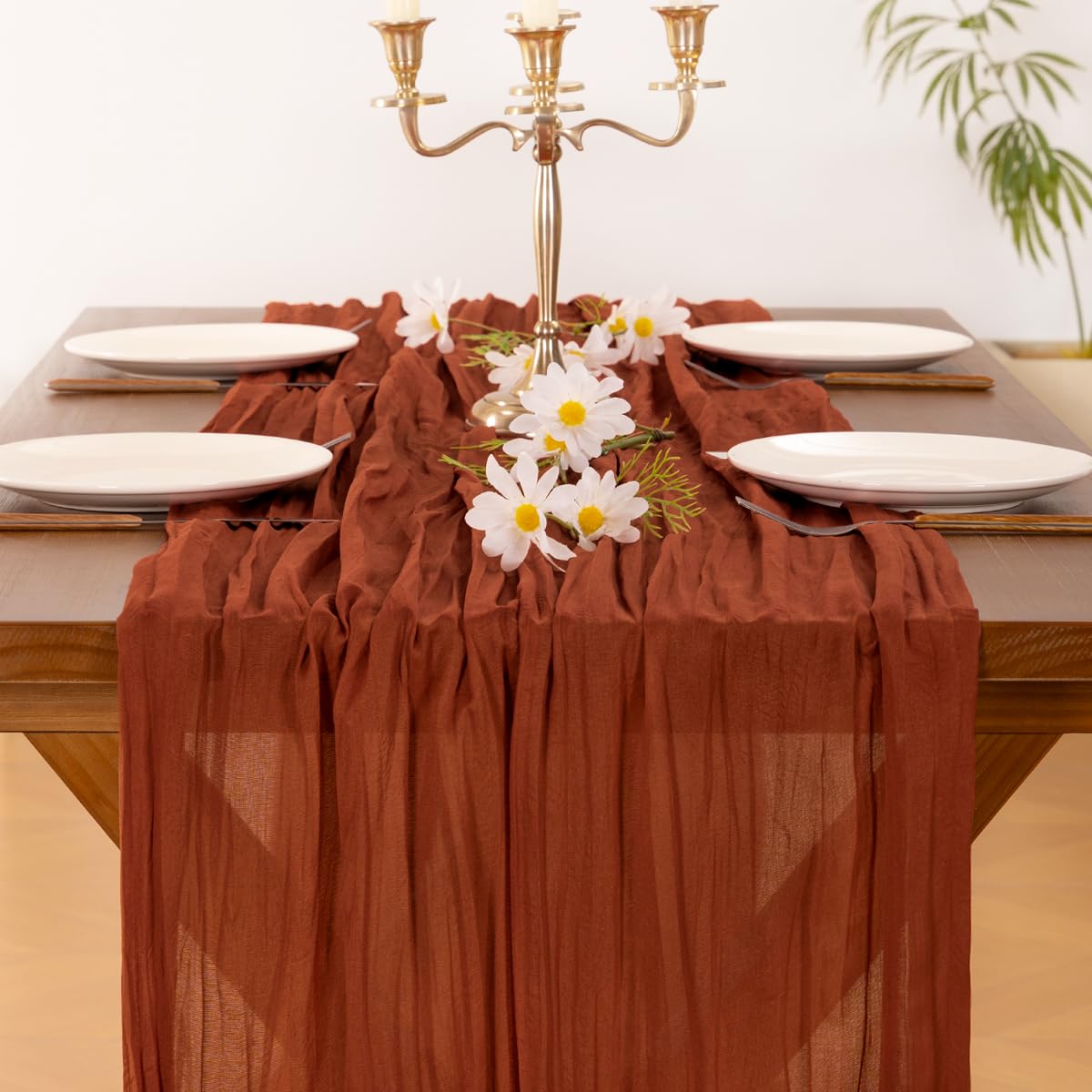 Socomi Fall Table Runner Terracotta Cheesecloth Gauze Burnt Orange Boho Rustic Farmhouse 120 inch 10FT Cheese Cloth Runner for Wedding Party Baby Shower Home Decor Holiday Thanksgiving Decorations