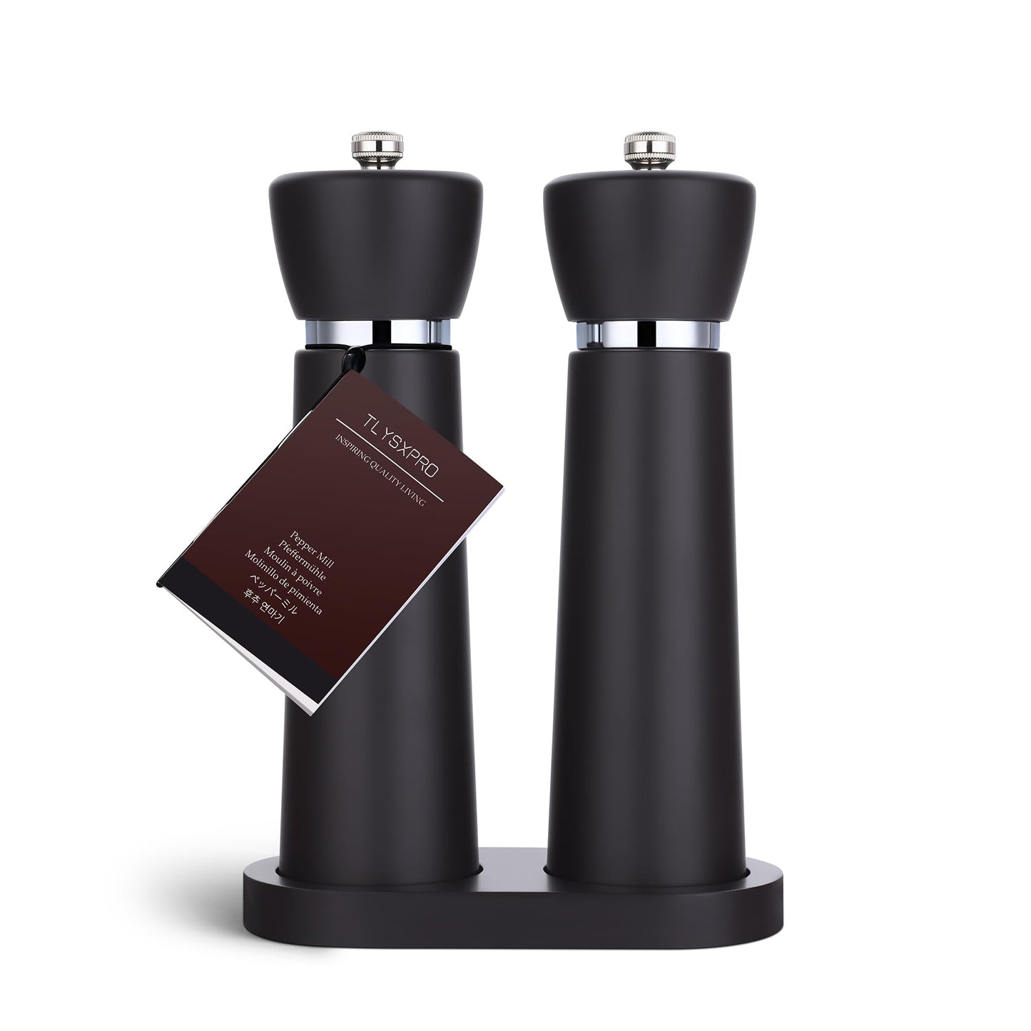TLYSXPRO Wooden Salt and Pepper Grinder Set – Refillable Salt and Pepper Mill with Adjustable Upgraded Large Size Ceramic Burr – Manual Pepper Grinder with Beech Wood Body – 8.3” Tall (Chocolate Wood)