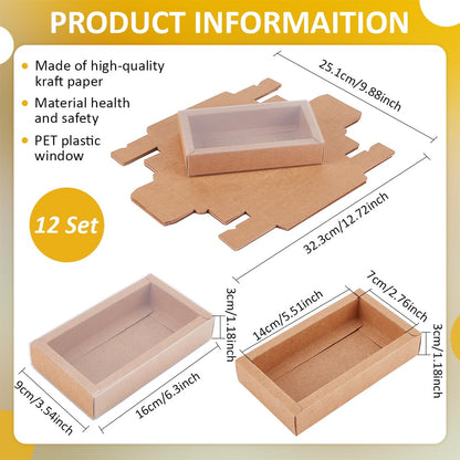 BENECREAT 12PCS Brown Kraft Gift Drawer Box, Plastic Lidded Gift Drawer Box with PVC Clear Window for Jewellery & Candy Gift Wrapping Party Favours, 5.5x2.76x1.18 Inch