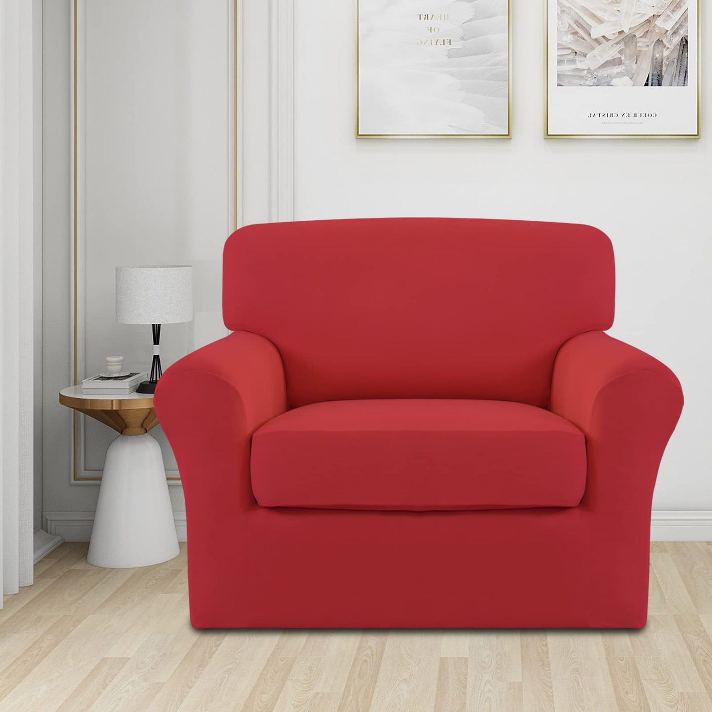 Easy-Going 2 Pieces Microfiber Stretch Chair Slipcover – Spandex Soft Fitted Sofa Couch Cover Washable Furniture Protector with Elastic Bottom Kids Pet Christmas Red