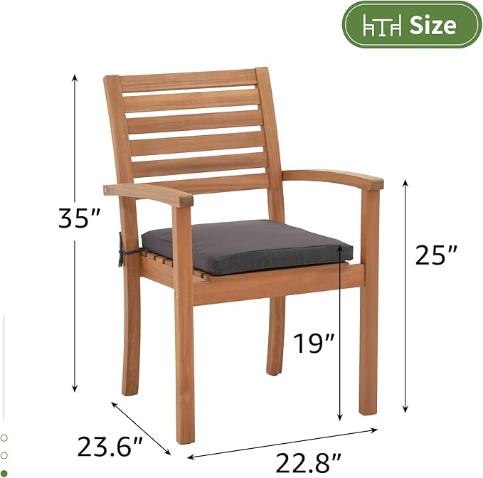 OC Orange-Casual Stackable Patio Dining Chairs Set of 6, Outdoor Acacia Wooden Chairs w/Armrest & Removeable Fabric Cushion, for Porch, Backyard, Garden, Indoor, Dark Grey
