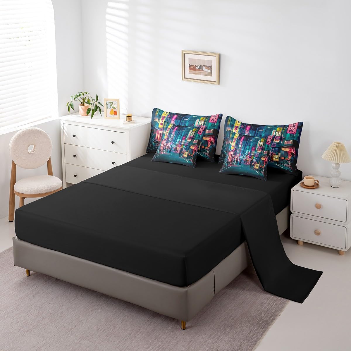 Feelyou Japanese Art Comforter Set 7 Pieces Full Size Tokyo Anime Bedding Set for Boys Girls Japan Night City Bed in a Bag with Comforter, Sheets, Pillowcases & Cushion Covers