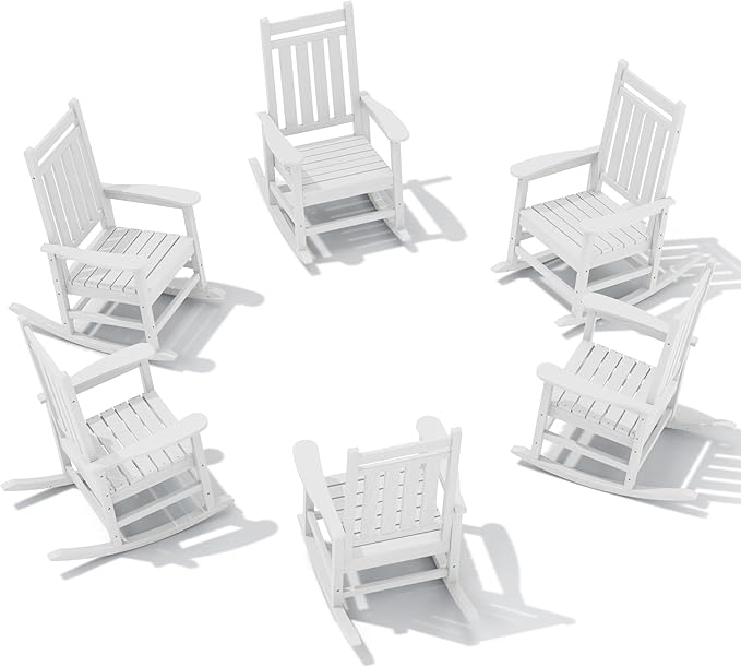 SERWALL HDPE Outdoor Rocking Chair Set of 6, Patio Rocking Chairs for Adults, All Weather Outdoor Rockers for Lawn, White