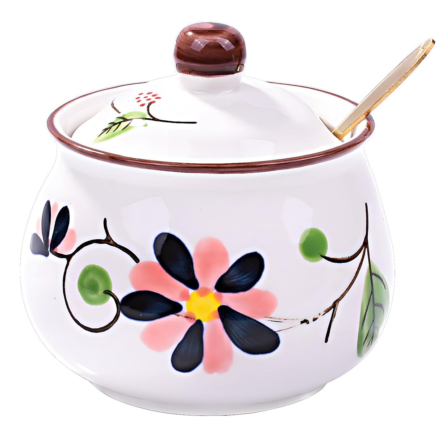 Whitenesser Ceramic Sugar Bowl with Lid and Spoon - 10.8oz Hand-Painted Floral Sugar Jar, Porcelain Salt Cellar for Kitchen Counter & Coffee Bar - Decorative Spice Jar for Honey, Jam, Seasoning