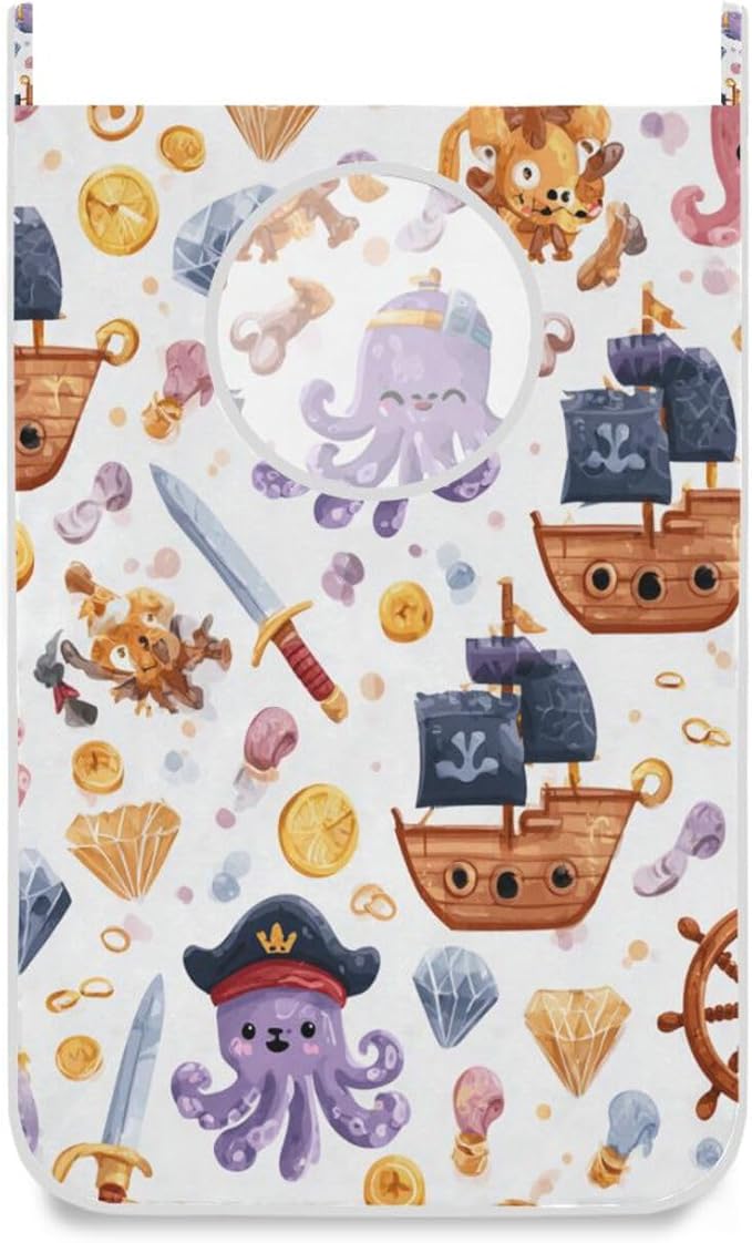 Cute Pirate Octopuses Sailboats Diamonds Hanging Laundry Hamper Door Hampers