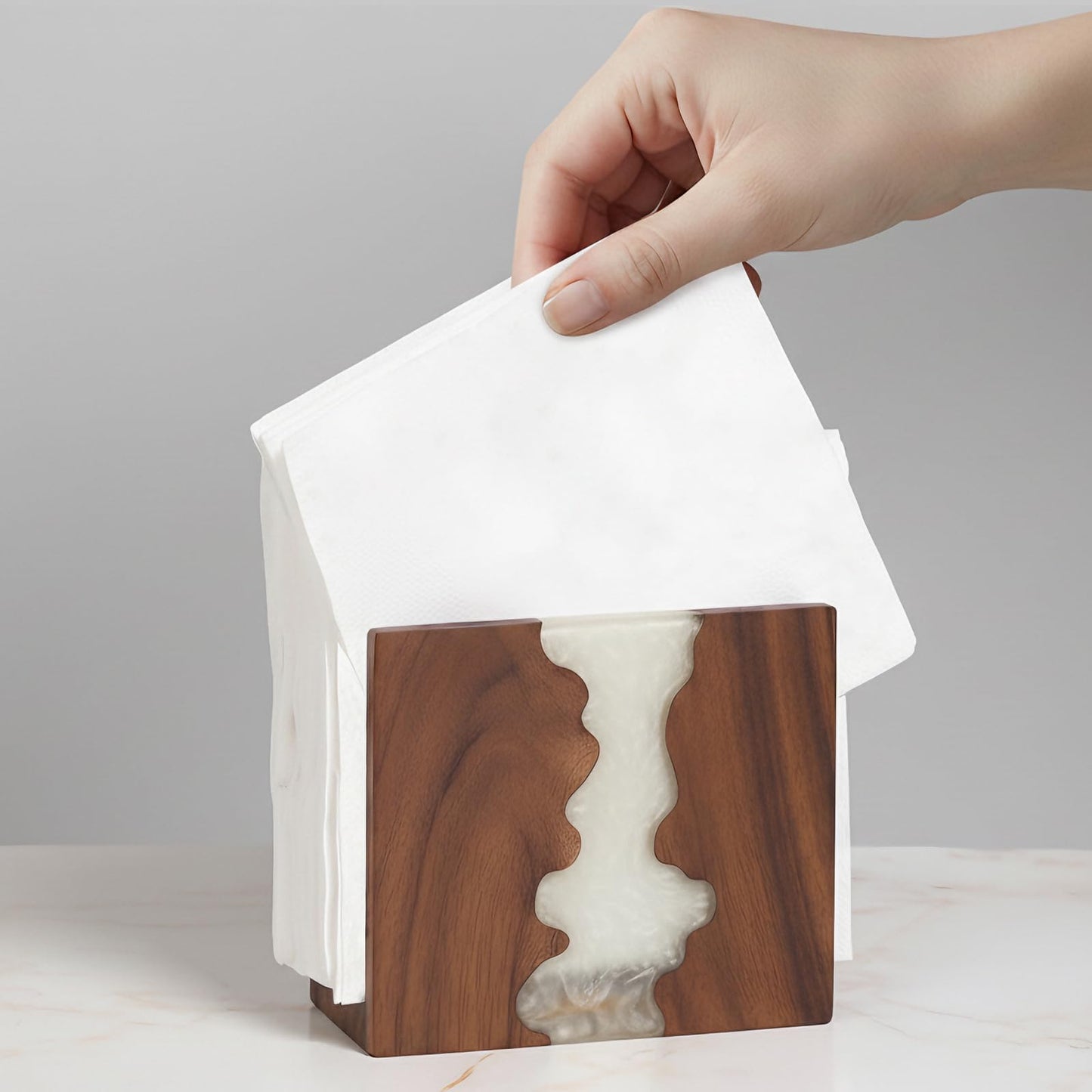 Acacia Wood Napkin Holder for table, Handmade Epoxy Resin Tissue Box Holder with Unique Wave Design & 3CM Sturdy Base for Kitchen Table, Dining Room Decor,counter tops or outdoors