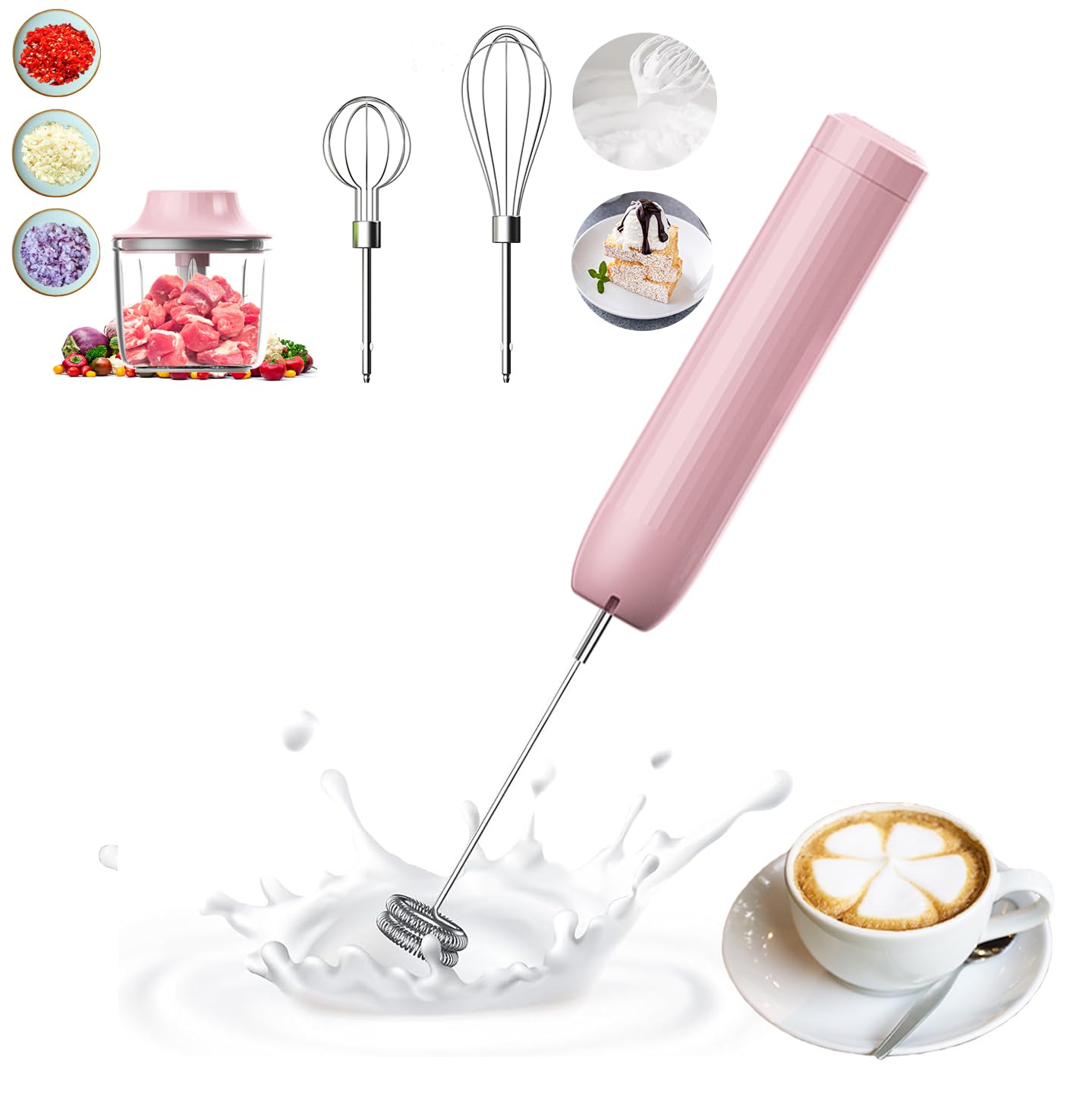 4-in-1 Electric Hand Mixer, Electric Whisk, Mini Onion Chopper 10Oz, Small Cordless Hand Blender, Milk Frother Wand for Coffee, Matcha, 4 Speed Rechargeable Food Processor for Baby Food Maker