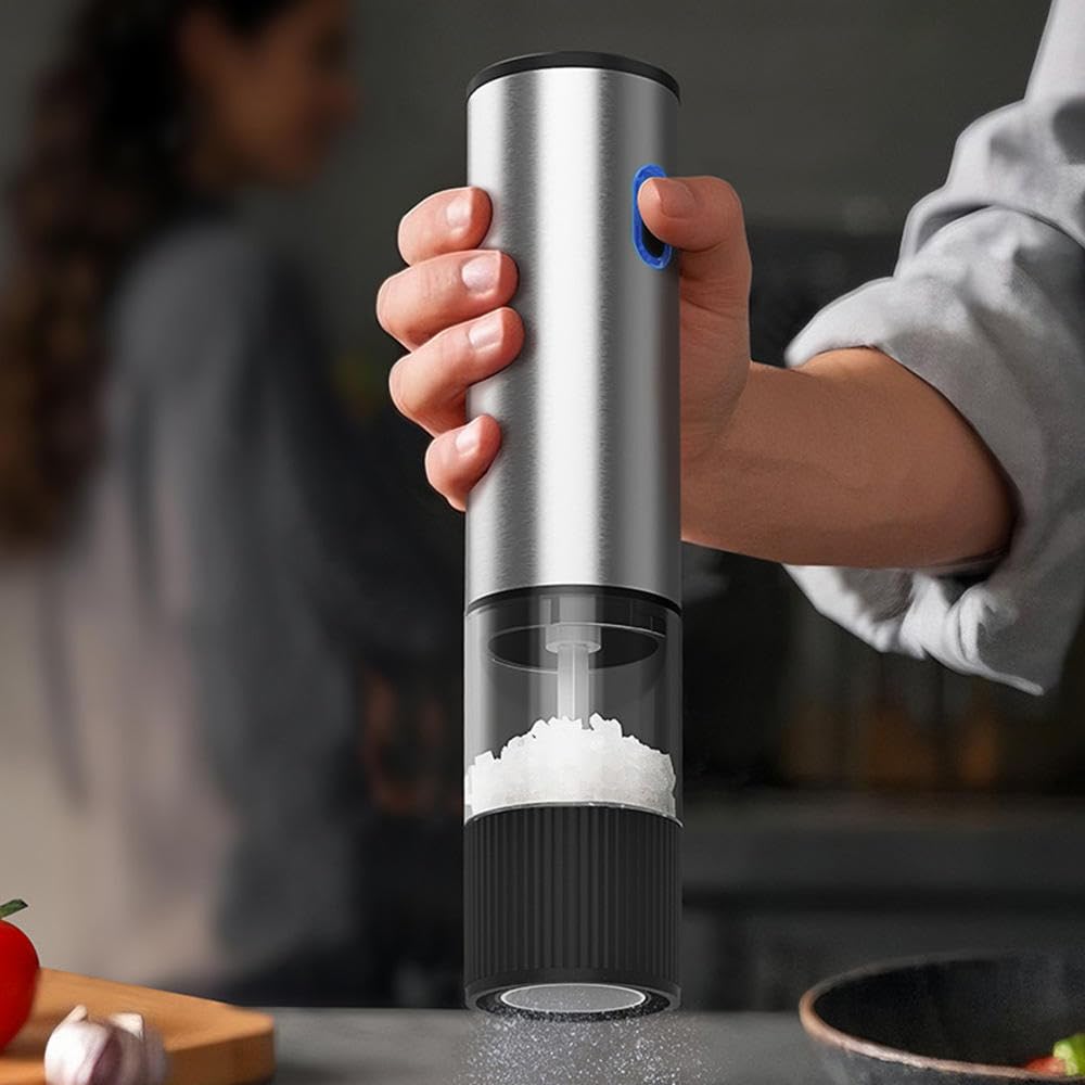 Electric Salt and Pepper Grinder, USB Rechargeable with Ceramic Grinding Mechanism, Adjustable Coarseness, One-Touch Operation, Stainless Steel and Black