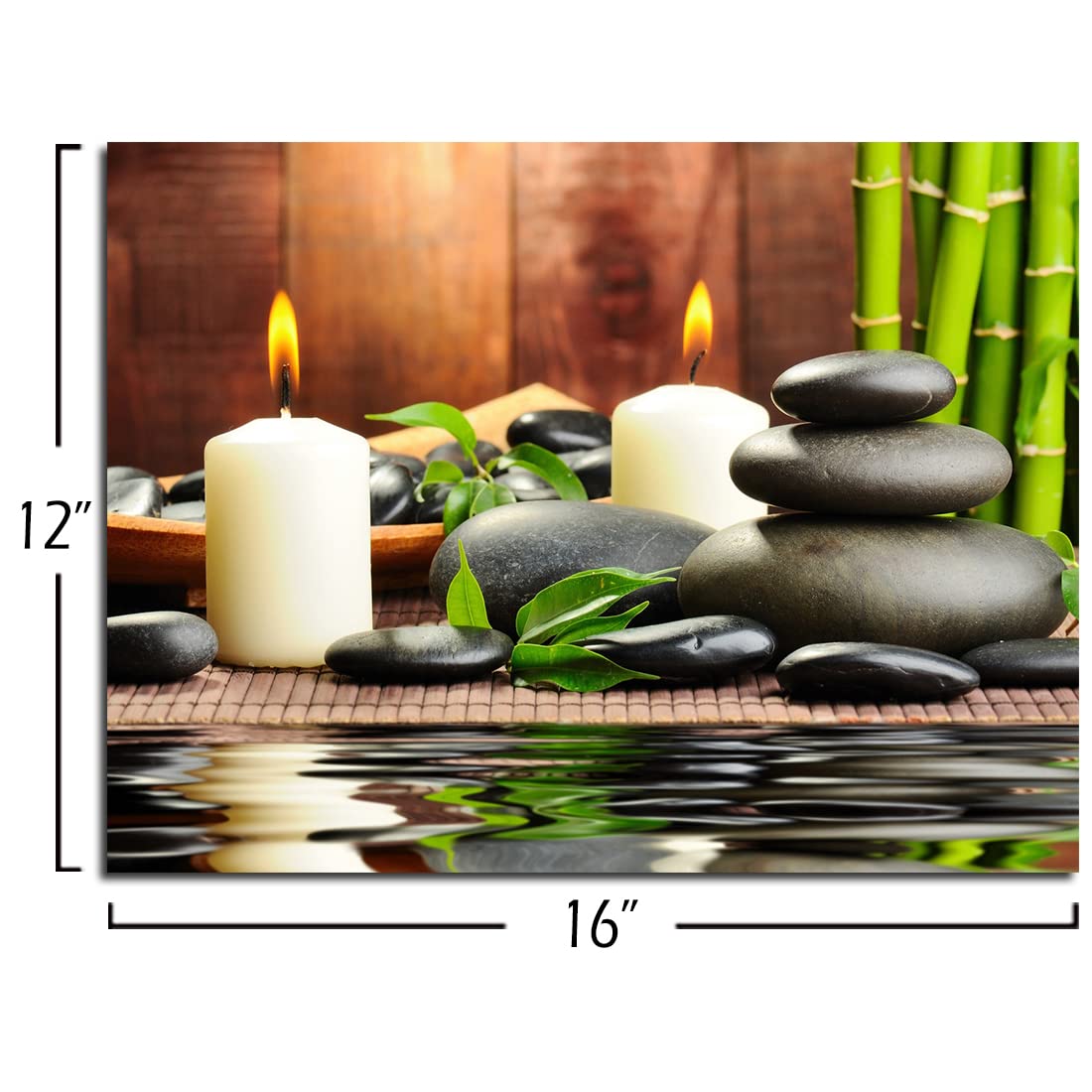 QTESPEII Zen Canvas Wall Art Paintings Decor Black Stone White Candle Green Bamboo Picture Posters for Spa Yoga Room Bathroom, Framed Modern Office Décor Home Walls Decoration, 12"x16"x 1Panel