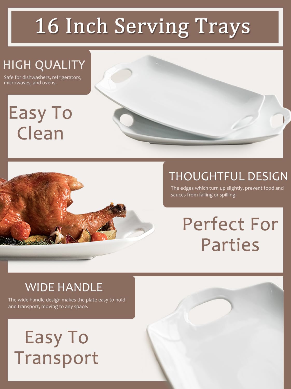 Turkey Serving Platter for Entertainment, Thanksgiving, Turkey, Serving Tray with Handles Large, Party, Display, LYEOBOH 16 inch Rectangle Porcelain Platters Set of 2, White
