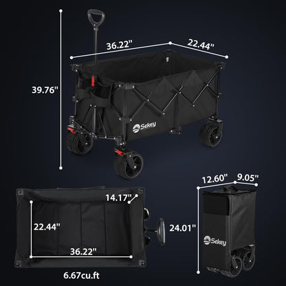 Sekey 200L Folding Festival Trolley with All-Terrain Extra Wide Wheels and Brake, Heavy-Duty Cart Loadable up to 150KG, Patented Four-Directional Foldable Design, Wagon for Beach Camping Garden, Black