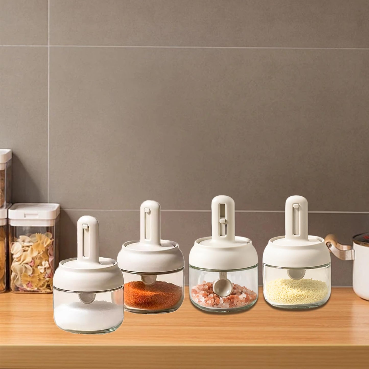 4 Pack Glass Seasoning Jars with Retractable Spoon Lid, 9oz Empty Spice Jars, Airtight Sugar Holder, Clear Condiment Salt Pepper Containers, Coffee Bar Accessories, Kitchen Countertop Canisters