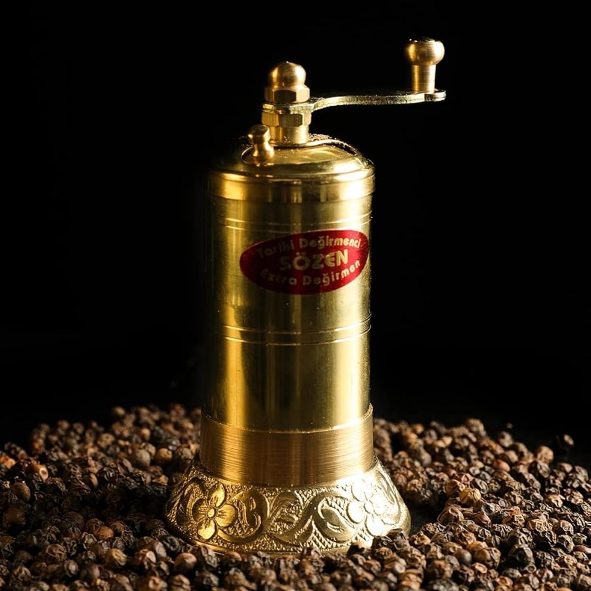 Sozen 4.3" Manual Pepper Grinder Brass – Handmade Turkish Pepper Mill, Conical Burr Spice Grinder, Portable Hand Crank Mill for Salt, Peppercorns, and Other Spices with Durable Brass Decor