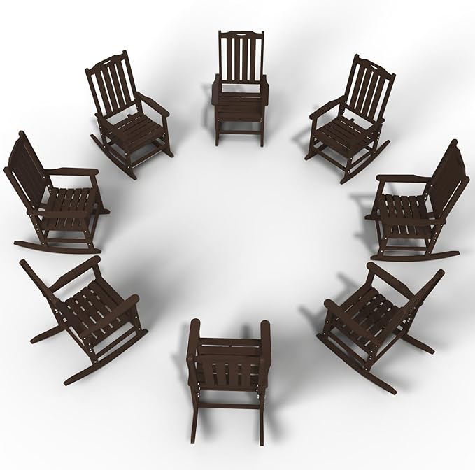 Oversized Rocking Chair Set of 8, Outdoor Rocking Chair for Adults, All Weather Resistant Porch Rocker for Lawn Garden, Brown