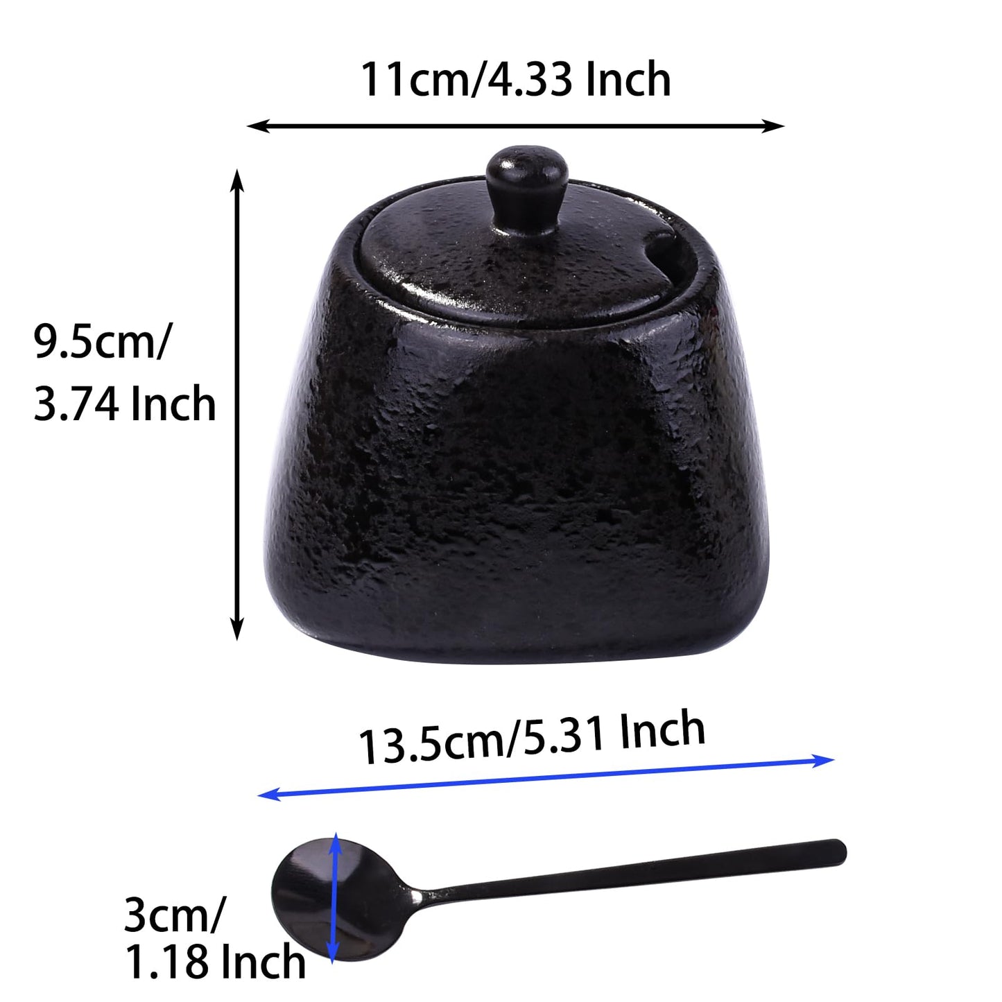 BOSILI Japanese Black Sugar Bowls with Lid Ceramic Salt Container with Stainless Steel Spoon for Sugar Pepper Spices