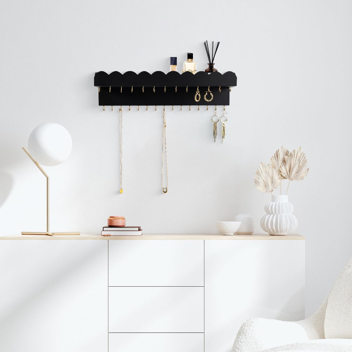Lampaggio Wall Mount Jewelry Organizer with 28 Hooks and Cosmetics Shelf, Modern Wood Hanging Jewelry Holder for Necklaces, Bracelets, Earrings and Rings, Black