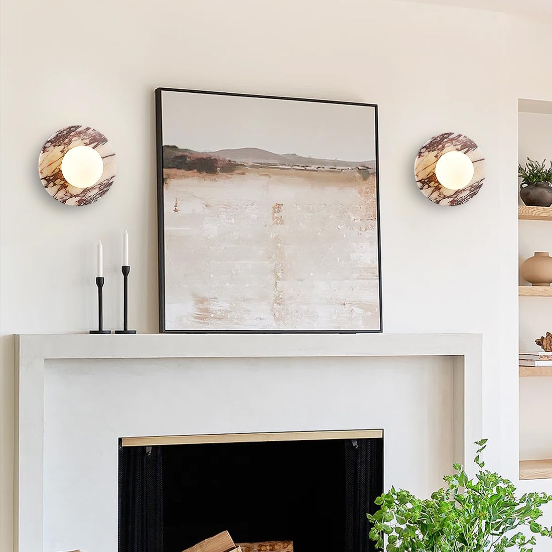 Calacatta Viola Marble Wall Sconce-Unique 7.8”Alabaster Sconce for Bedroom,Bathroom Vanity,Hallway & Yoga Room,Modern Hardwired Marble Style Stone Glass Wall Lamp for Meditation,Reading & Spa Decor