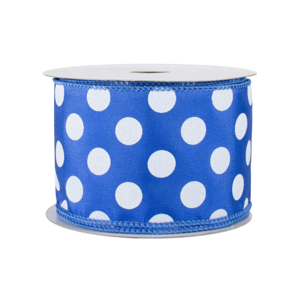 Royal Polka Dots Wired Ribbon - 2 1/2" x 10 Yards, White Dots on Royal Blue Faux Satin Ribbon, 4th of July Wreath Decor, Garland, Swag, Bows, Veterans Day, Christmas