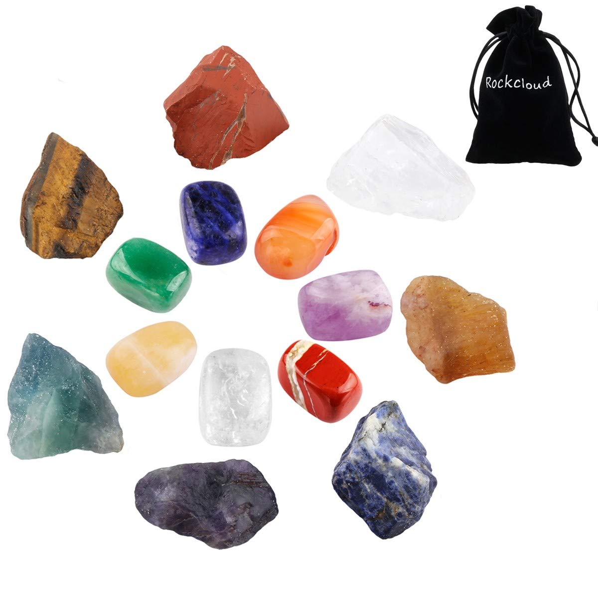 Rockcloud Healing Crystal Kit,Colorful 7 Chakra Tumbled Stones & 7 Raw Stones Mineral Starter Set