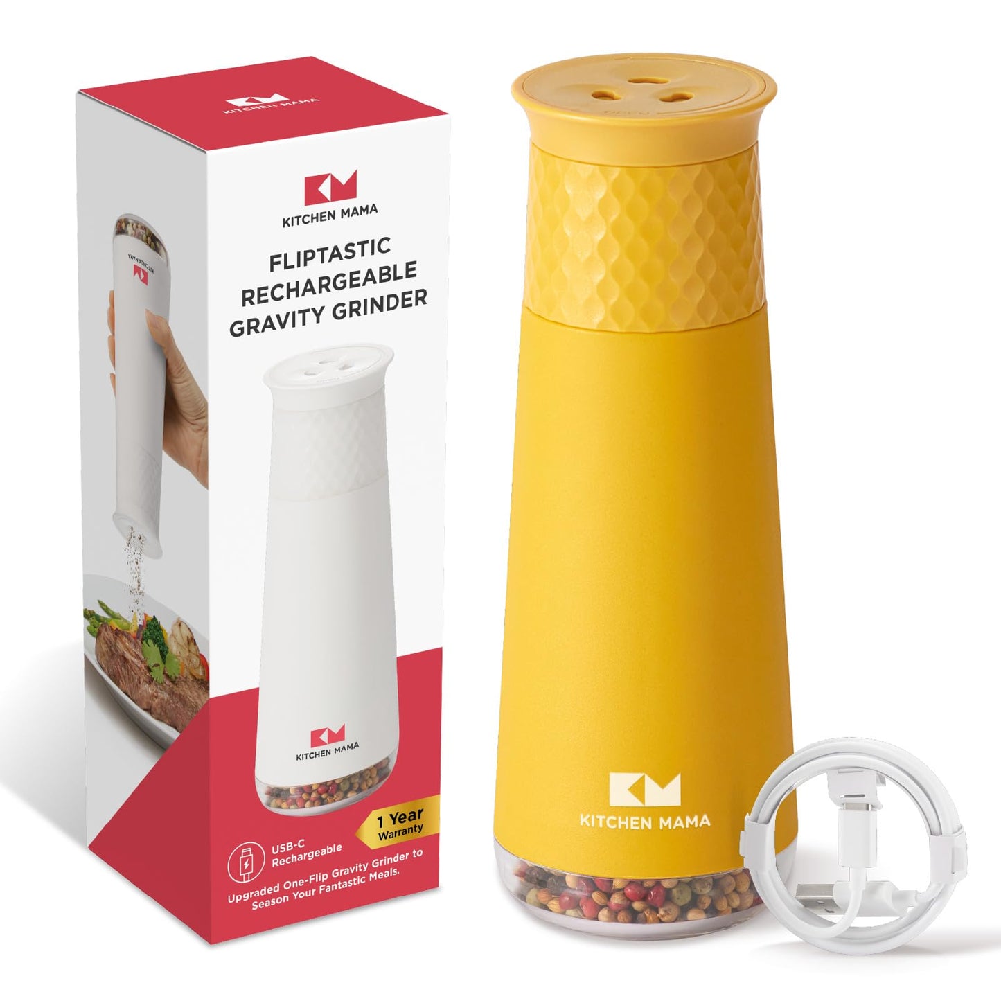 Kitchen Mama FlipTastic Rechargeable Salt and Pepper Grinder – Gravity Electric Grinder, Pepper Mill, Adjustable Coarseness, One-Hand Operation, Refillable Salt and Pepper Mill for Kitchen (Yellow)