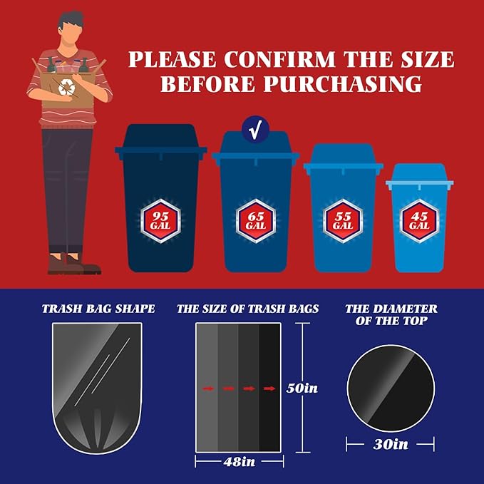 Teivio Large Black Trash Bags 64-65 Gallon 32 Counts Industrial Sturdy Garbage