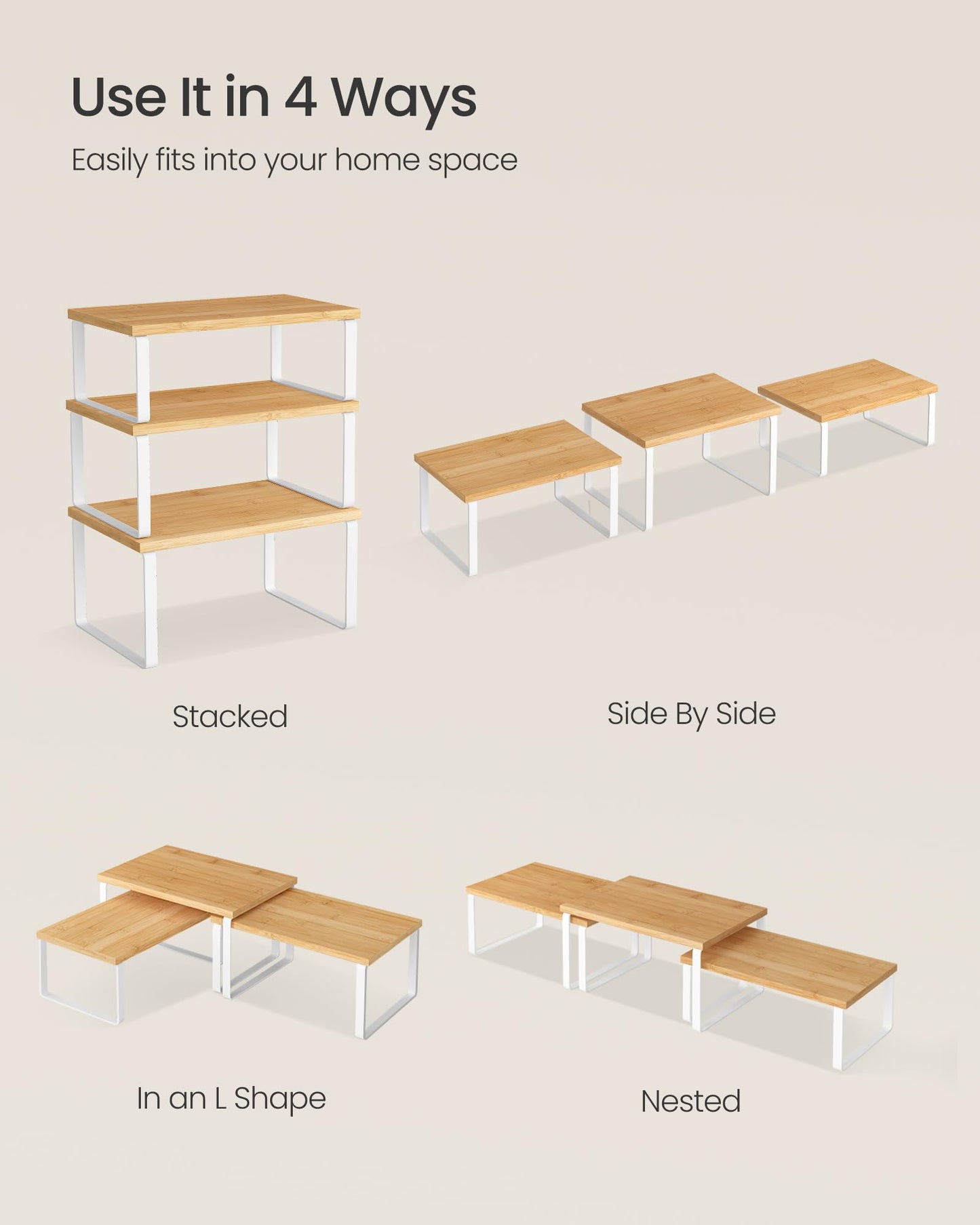 SONGMICS Cabinet Organizer Shelf, Set of 3 Kitchen Counter Shelves, Kitchen Storage, Spice Rack, Stackable, Expandable, Cloud White and Natural Beige UKCS014YL02