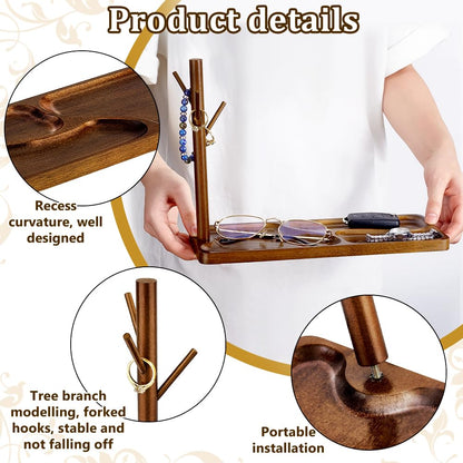 PH PandaHall Wood Key Tray for Entryway Table Key Holder Jewelry Tray for Home Decorations with Hanging Organizer Ring Bracelet Stand Tray for Watch Glasses Phone12.9x4.7x8.9 Inches, Brown