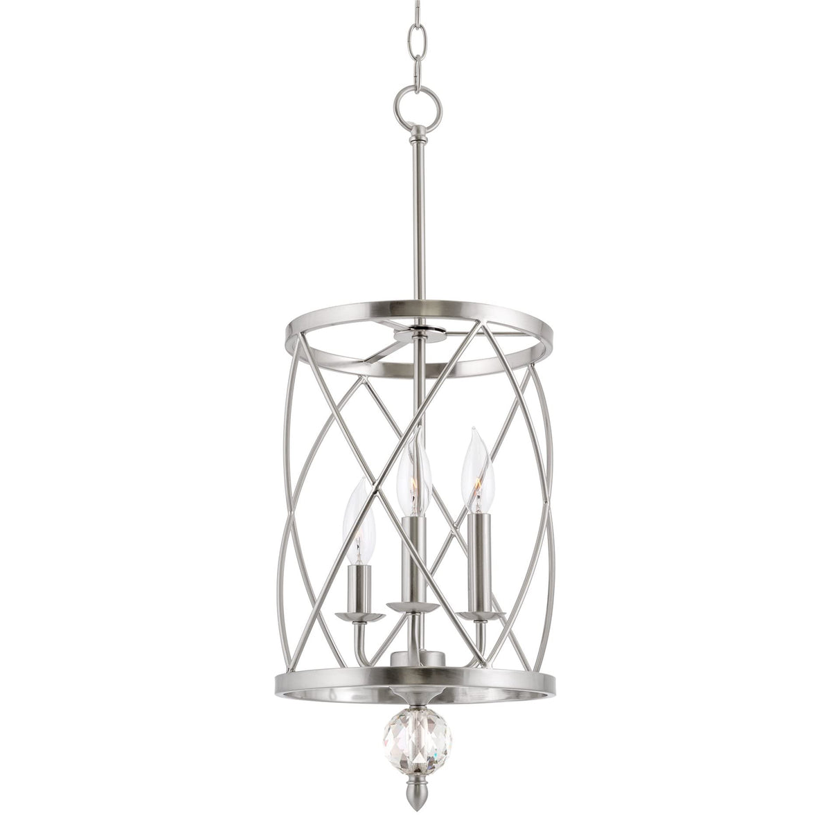 Kira Home Eleanor 27" Modern 3-Light Geometric Lantern Chandelier, Cylinder Trellis Cage Pendant Light with Crystal Finial, Brushed Nickel Finish