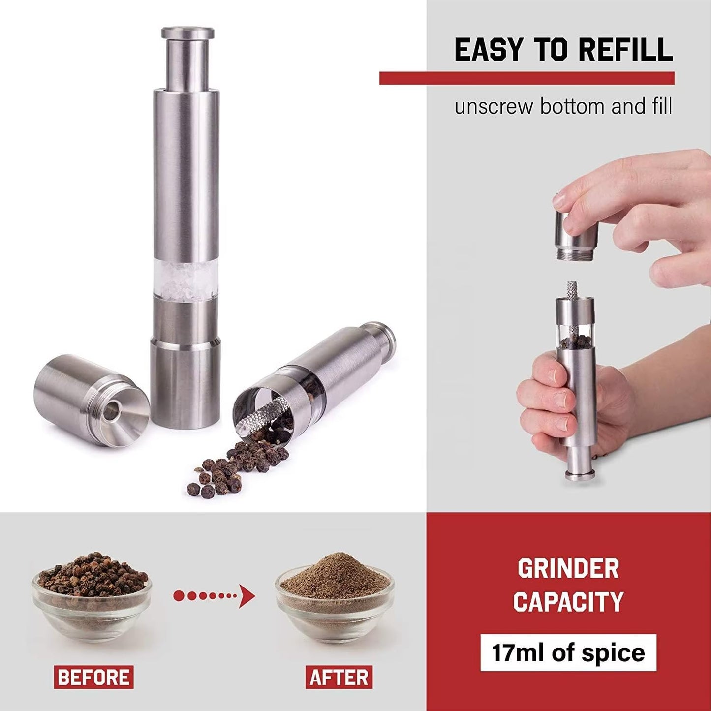 Salt and Pepper Grinder Set Manual Stainless Steel, Refillable Pepper Grinder and Salt Grinder with Acrylic Base, Salt & Pepper Mill Set