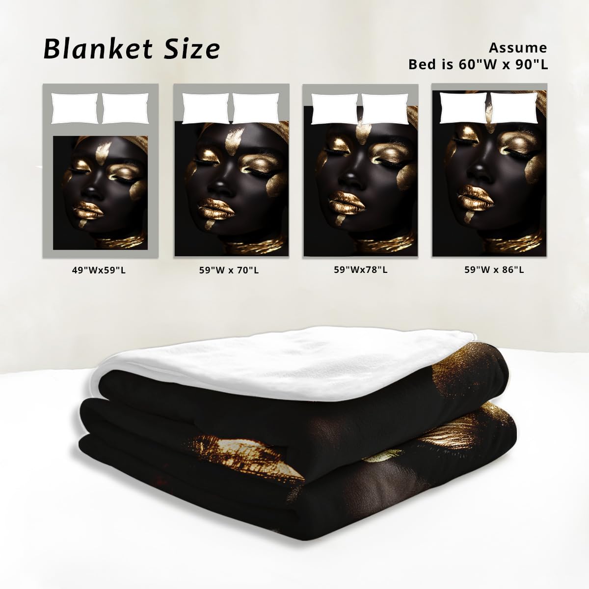 HUNXIAOJ African American Woman Blanket Throw Black Gold Print Flannel Blanket Gifts for Girls Female Women African American Couch Bed Living Room Home Decor 49"x59"
