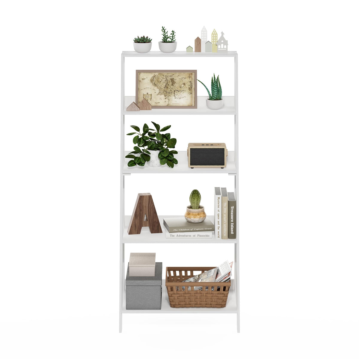 Furinno Ladder Book Shelf, 5-Tier Ladder Shelf, Bookshelf, Display Storage Shelves, 13 x 23.6 x 53.5, for Living Room, Home Office, Plain White