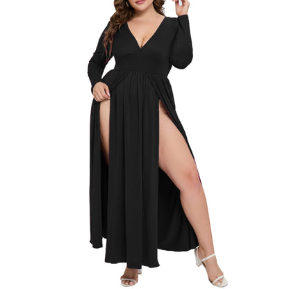 SILUI Women's 2025 Fall Western Dress Sexy Double High Slit Deep V Neck Plus Size Long Sleeve Maxi Club Party Dresses Black